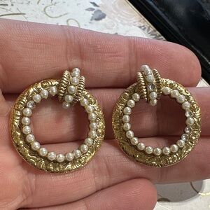 VTG 1928 Gold and Pearl Hoop Earrings